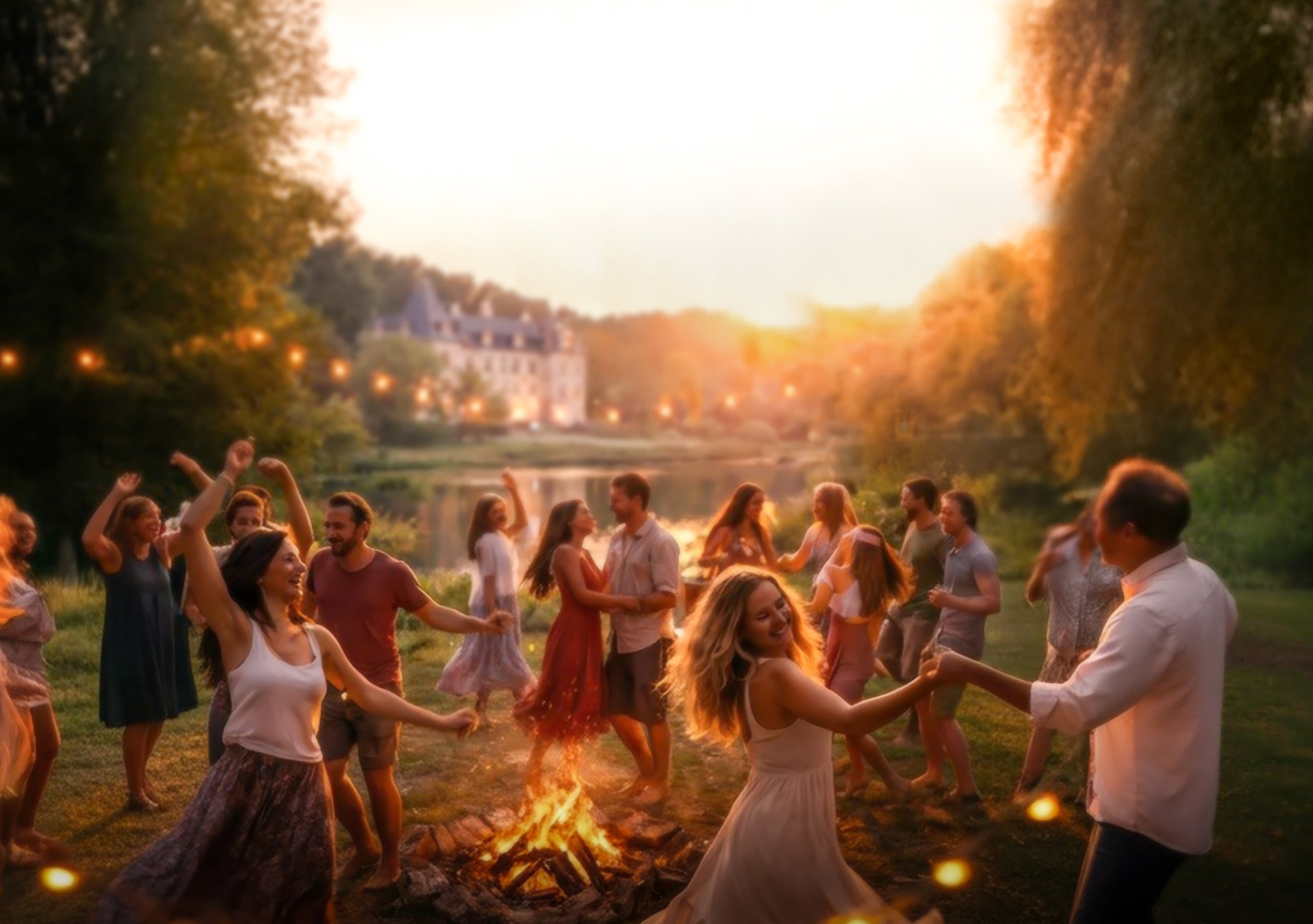 Mensen dansen samen rond het vuur bij het kasteel